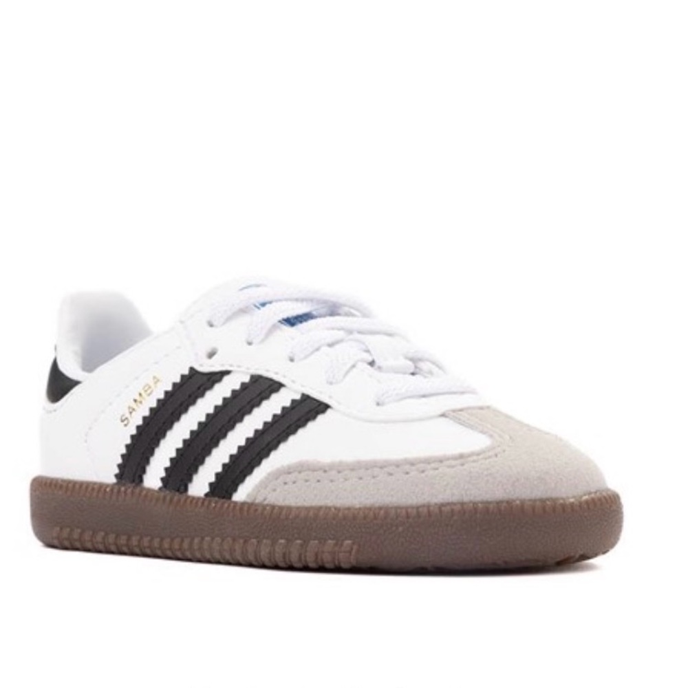 adidas Kids White Sneakers with Black Stripes and Tan Suede